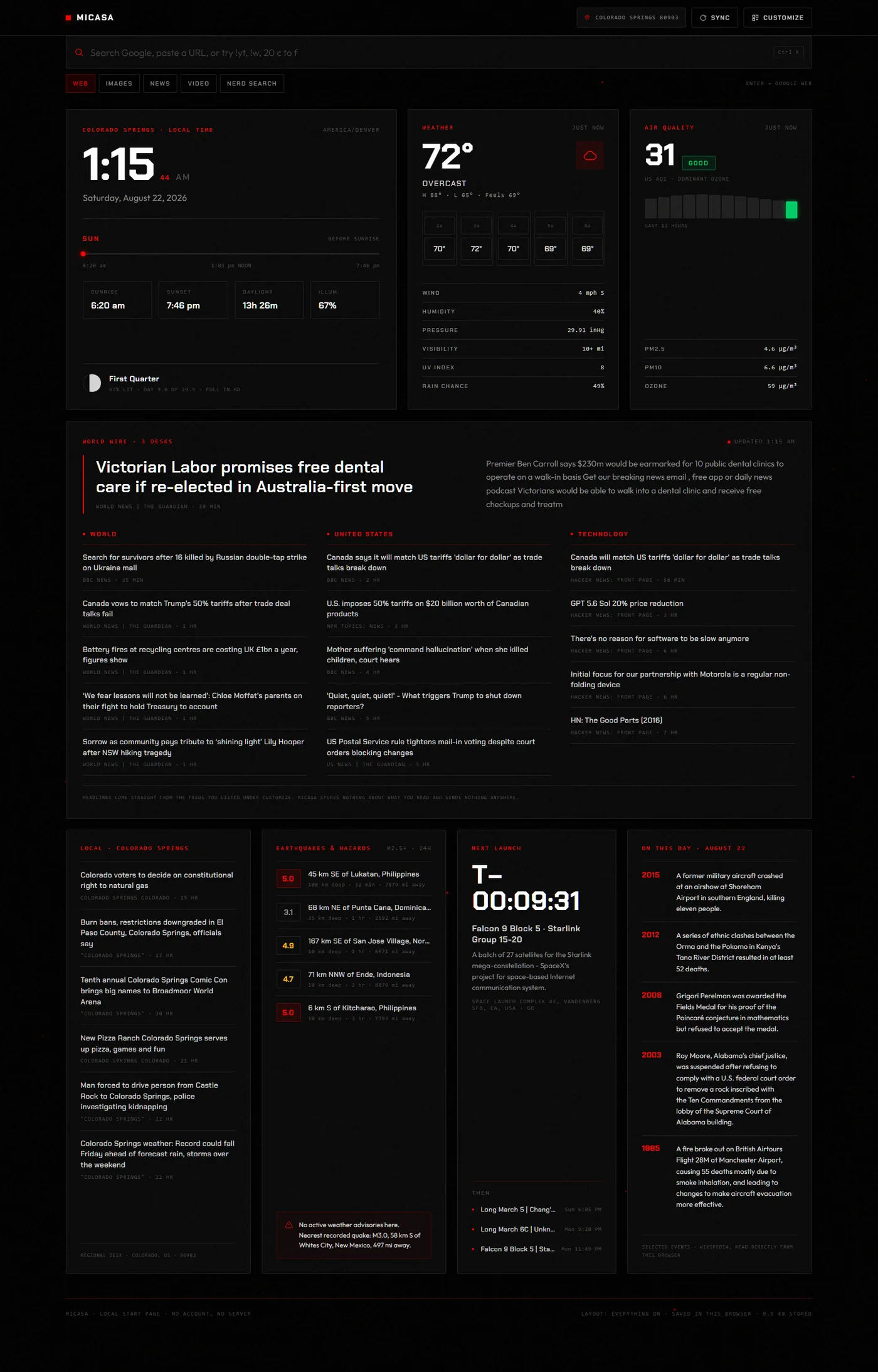 The MiCasa board: a large clock with sunrise, sunset and moon phase, current weather with an hourly strip, air quality with a twelve hour trend, a wire of world headlines in three columns, local news, recent earthquakes, a launch countdown, and events from this day in history