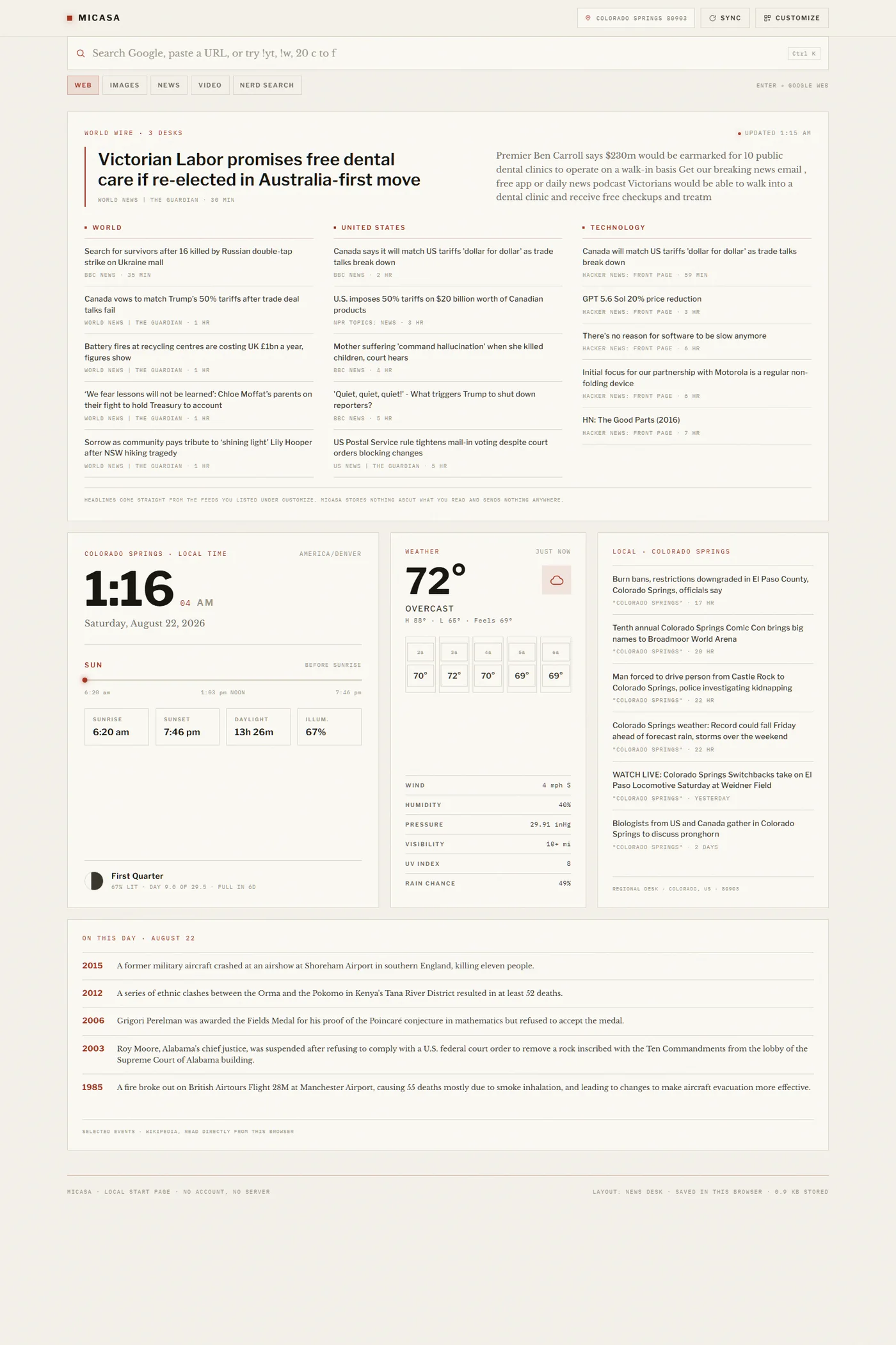 MiCasa in the Newsprint light theme using the News Desk layout, with the world wire running across the top of the page