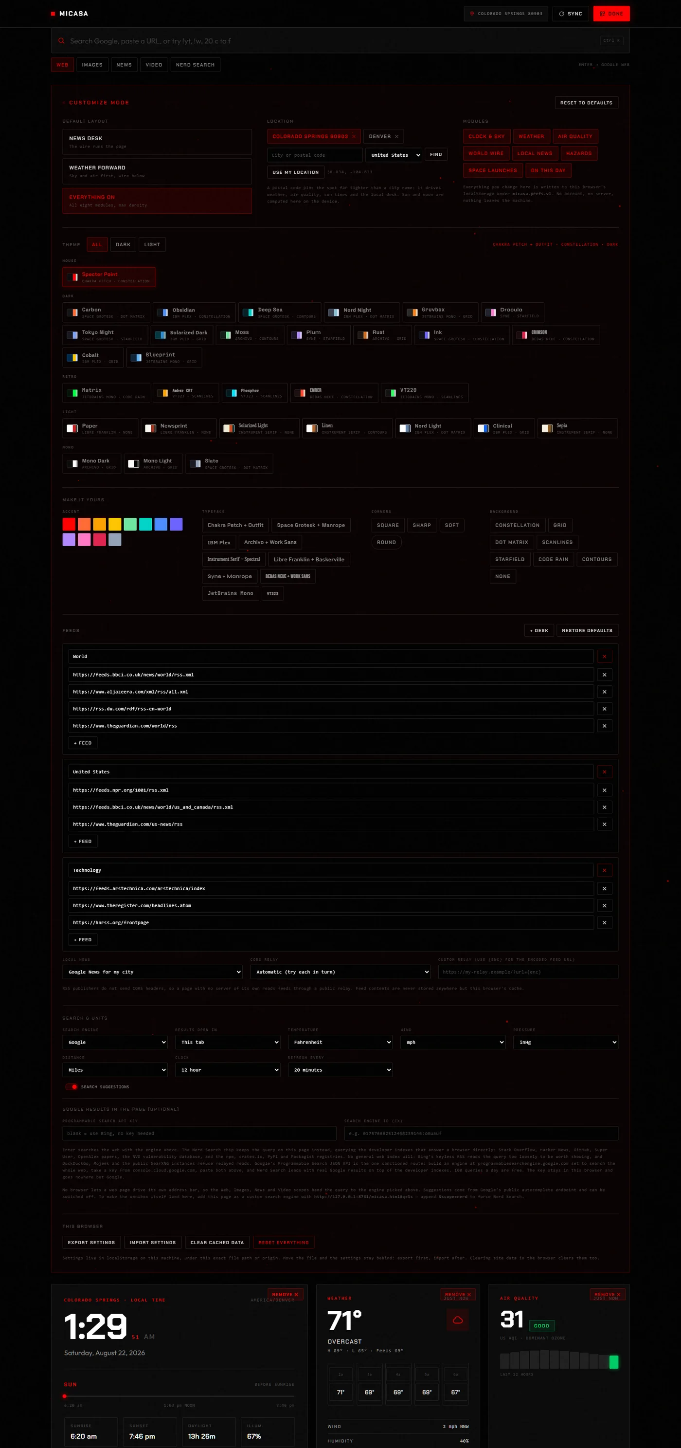 The MiCasa Customize panel showing layout presets, location entry with saved places, module toggles, the full theme gallery grouped by family, accent and typeface and corner and background overrides, the feed desk editor, and search and unit settings