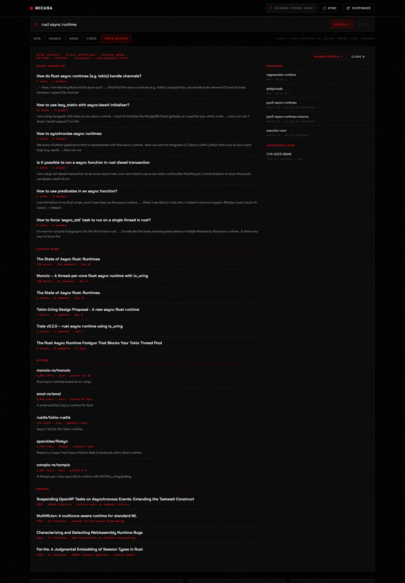 Nerd Search results for rust async runtime, showing grouped results from Stack Overflow, Hacker News and GitHub in the main column with package registry hits and a CVE listed alongside