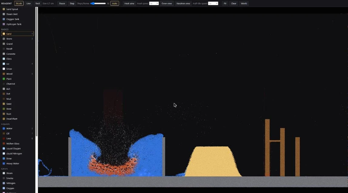 The Reagent interface: a material palette down the left, tools across the top, and a room-sized world with a water tank boiling around a slug of lava, a sand pile and three wooden posts
