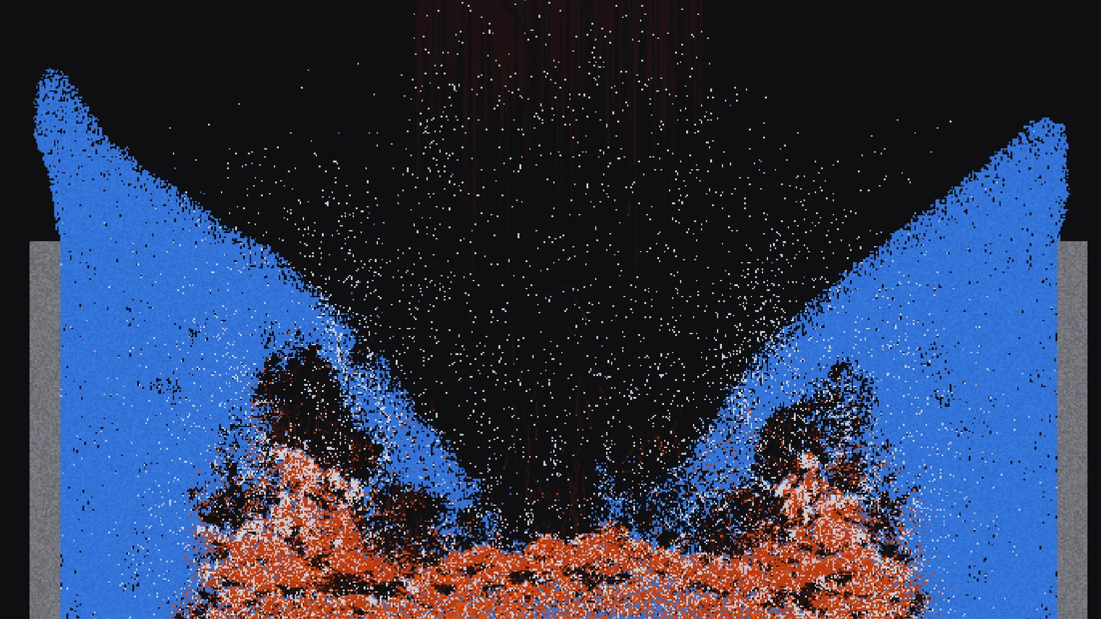 A slug of lava landing in a water tank: the water is thrown up both walls in sheets while the lava spreads across the floor in an orange crust