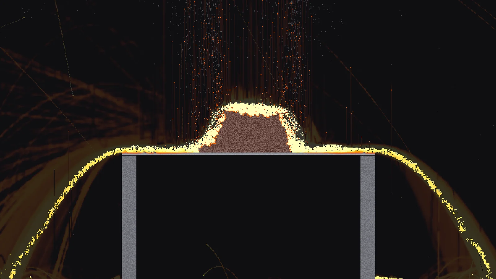 Thermite burning on an iron plate, white-hot molten iron running off both edges in curtains with spark trails arcing away